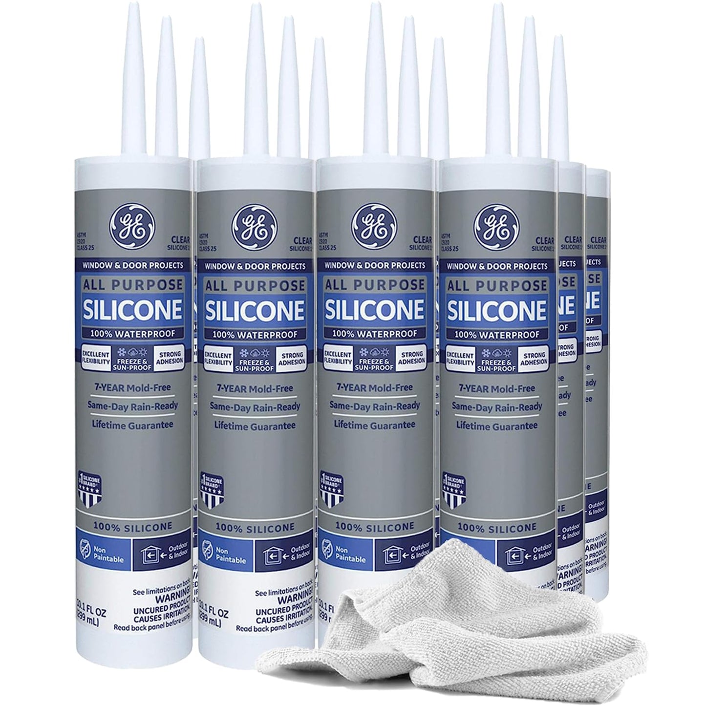 12 Pack of Clear GE Silicone Sealant | All Purpose Clear Silicone 1 Caulk, GE012 + Towel - Clear Caulking for Indoor & Outdoor Windows, Doors, Trim