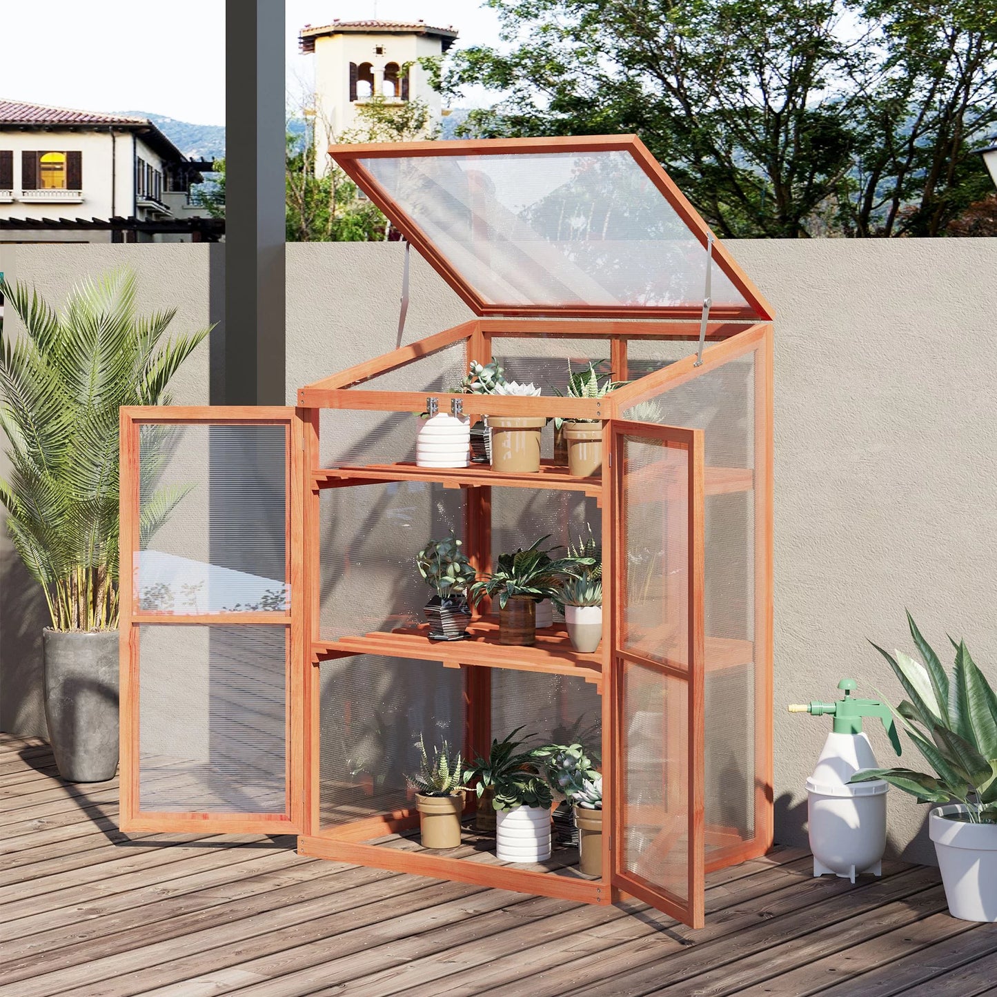 Fir Wood Garden Planter Greenhouse W/ Panels, Shelves, Natural