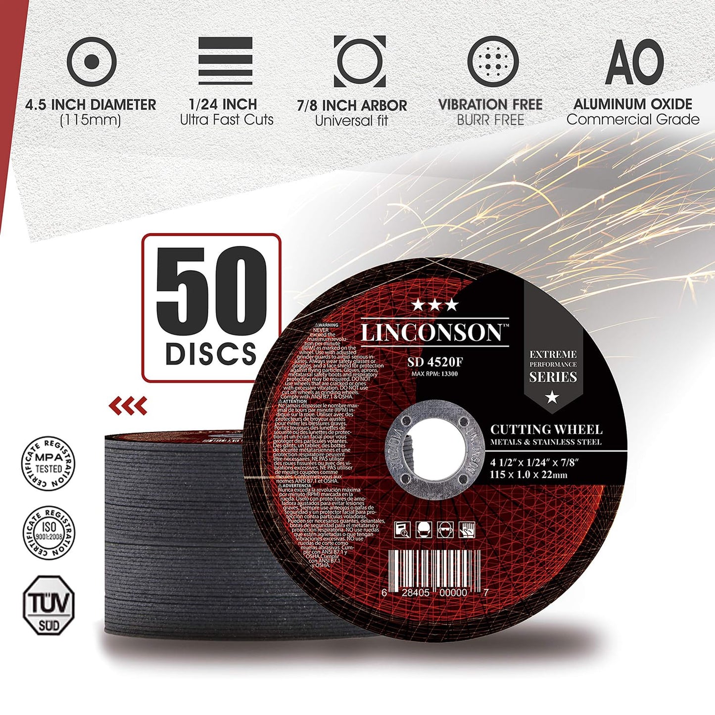 50 Pack 4.5 Inch Cut off Wheel for Metal & Stainless Steel Used on Angle Grinder 4.5”X1/24”X7/8" Flat Disc (SD 4520F)