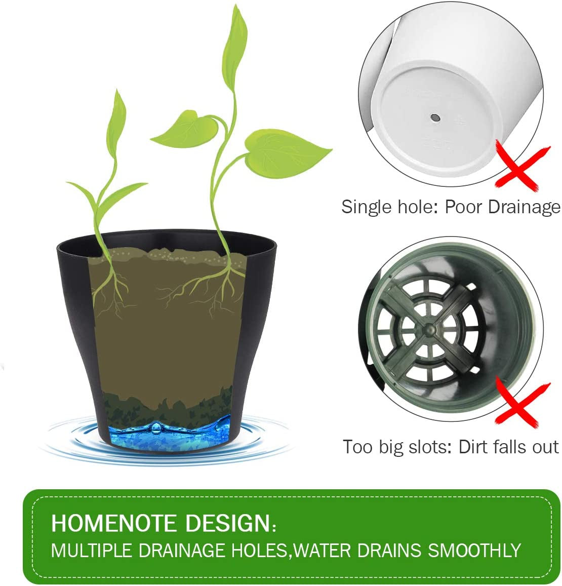 Plant Pots, Set of 15 Plastic Planters with Multiple Drainage Holes Black