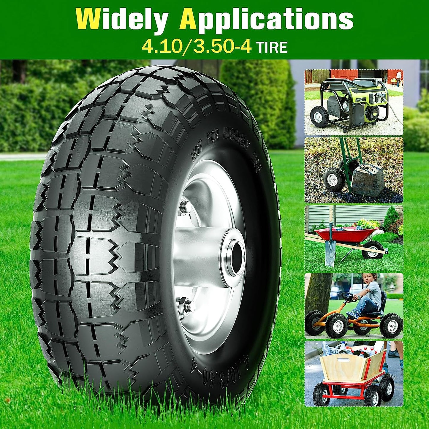 4.10/3.50-4 Tire and Wheel Flat Free, 10 Inch Solid Rubber Tire with 5/8”Axle Bore Hole and Double Sealed Bearings, for Dolly Wheels/Hand Truck Wheels/Dump Cart Wheels,4 Pack
