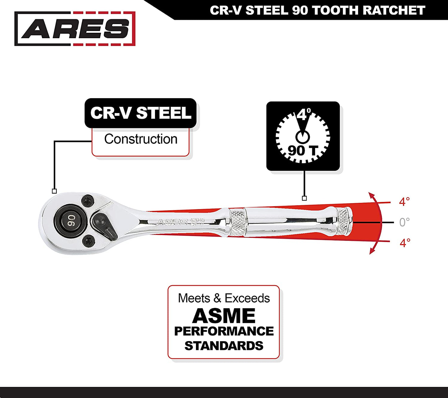 42045-1/4-Inch Drive 90-Tooth Ratchet - Premium Chrome Vanadium Steel Construction & Mirror Polish Finish - Quick Release for Easy Socket Change - 90-Tooth Reversible Design with 4 Degree Swing