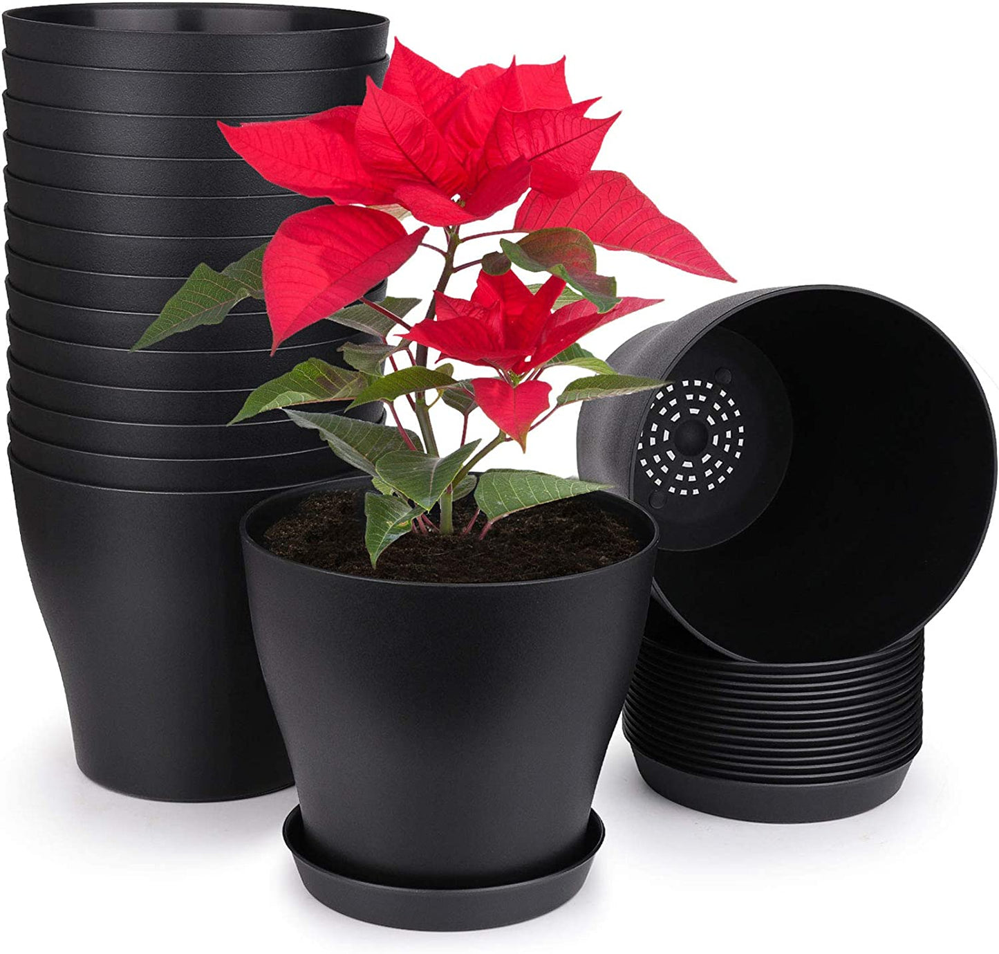 Plant Pots, Set of 15 Plastic Planters with Multiple Drainage Holes Black