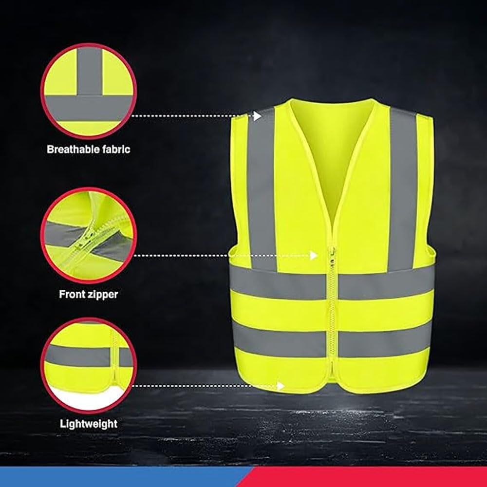 53941A High Visibility Safety Vest with Reflective Strips | Size Large | Neon Yellow Color | Zipper Front | for Emergency, Construction and Safety Use