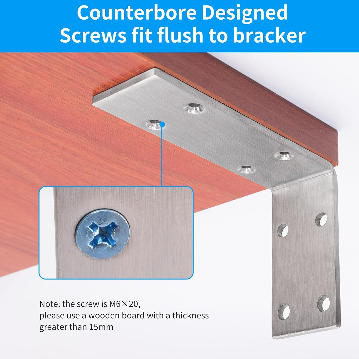 Shelf Bracket 8 Inch, Heavy Duty (1/5") Thick Solid L Brackets, Max Load: 230Lbs, Stainless Steel Countertop Bar Top Support Brackets Wall Mounted, Includes Hardware, 2 Pack
