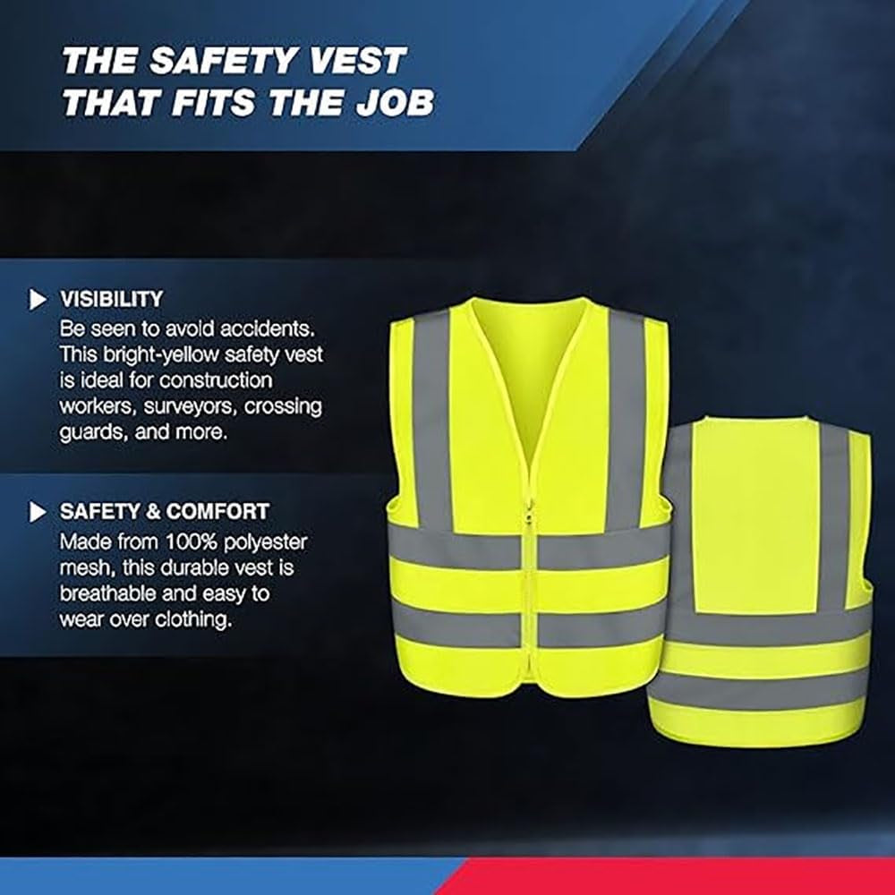 53941A High Visibility Safety Vest with Reflective Strips | Size Large | Neon Yellow Color | Zipper Front | for Emergency, Construction and Safety Use