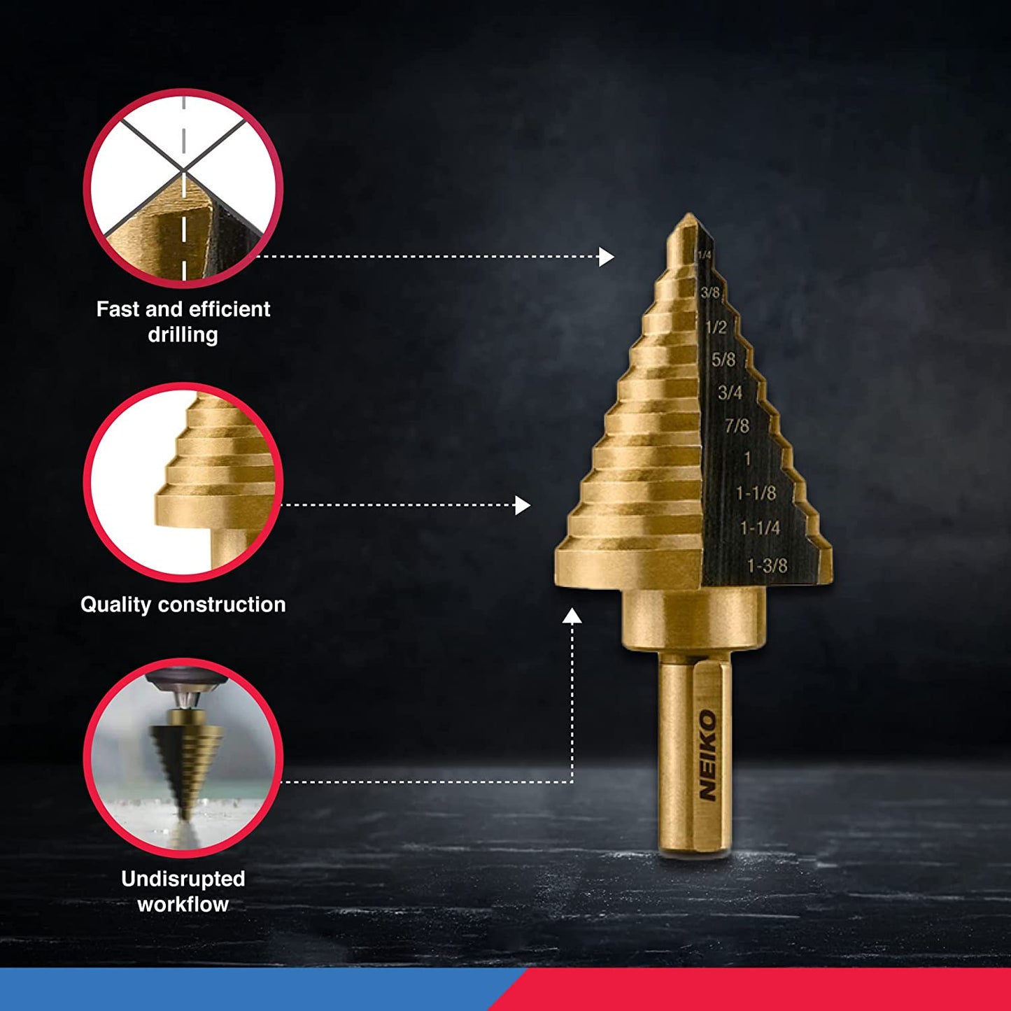 10197A Step Drill Bit Set, 5 Pc Step Bit for Metal, 50 SAE Sizes Total, 1/8” – 1-3/8”, SAE Titanium High Speed Steel Unibit, Stepper Cone Drill Bit, Two Flute Step down Bits, Step up Drill Bits