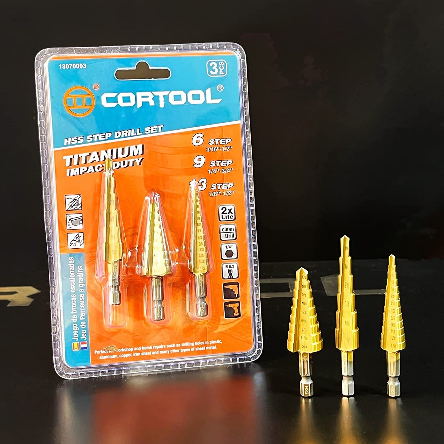 Step Drill Bit for Metal, Step Drill Bit, 3PCS Titanium Unibit Step Drill Bit Set, High Speed Steel Step Drill Bit HSS Quick Change 1/4" Shank,Total 28 Sizes 3/16" -1/2",1/4"-3/4",1/8"-1/2"