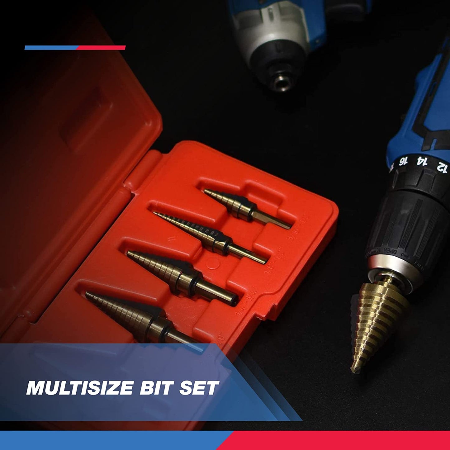 10197A Step Drill Bit Set, 5 Pc Step Bit for Metal, 50 SAE Sizes Total, 1/8” – 1-3/8”, SAE Titanium High Speed Steel Unibit, Stepper Cone Drill Bit, Two Flute Step down Bits, Step up Drill Bits
