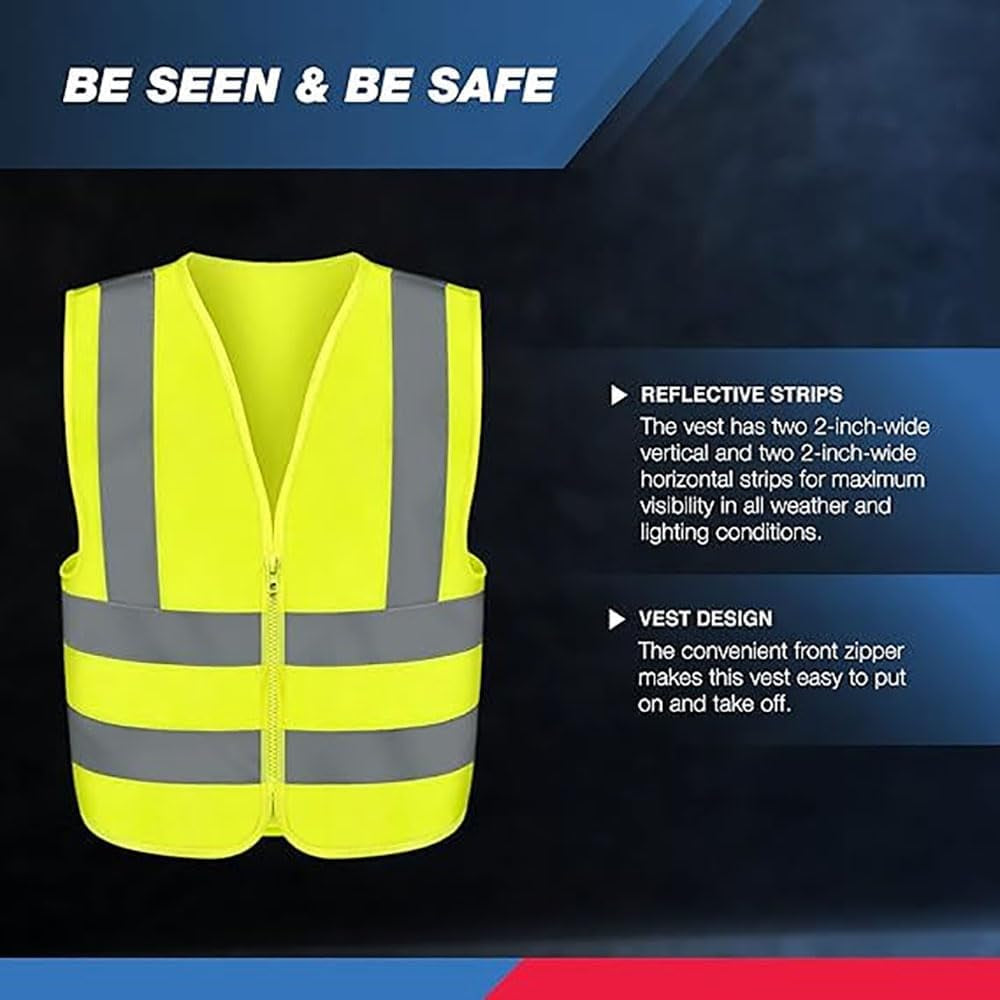 53941A High Visibility Safety Vest with Reflective Strips | Size Large | Neon Yellow Color | Zipper Front | for Emergency, Construction and Safety Use