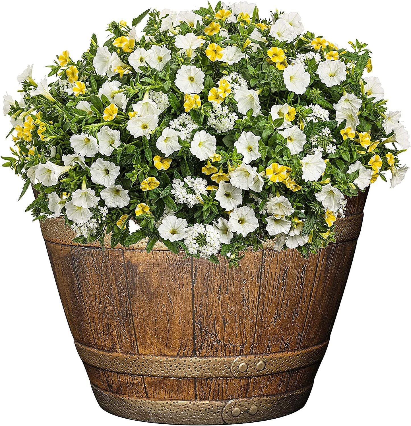 Whiskey Plastic Resin Flower Pot Barrel Planter, Oak Brown, 15"