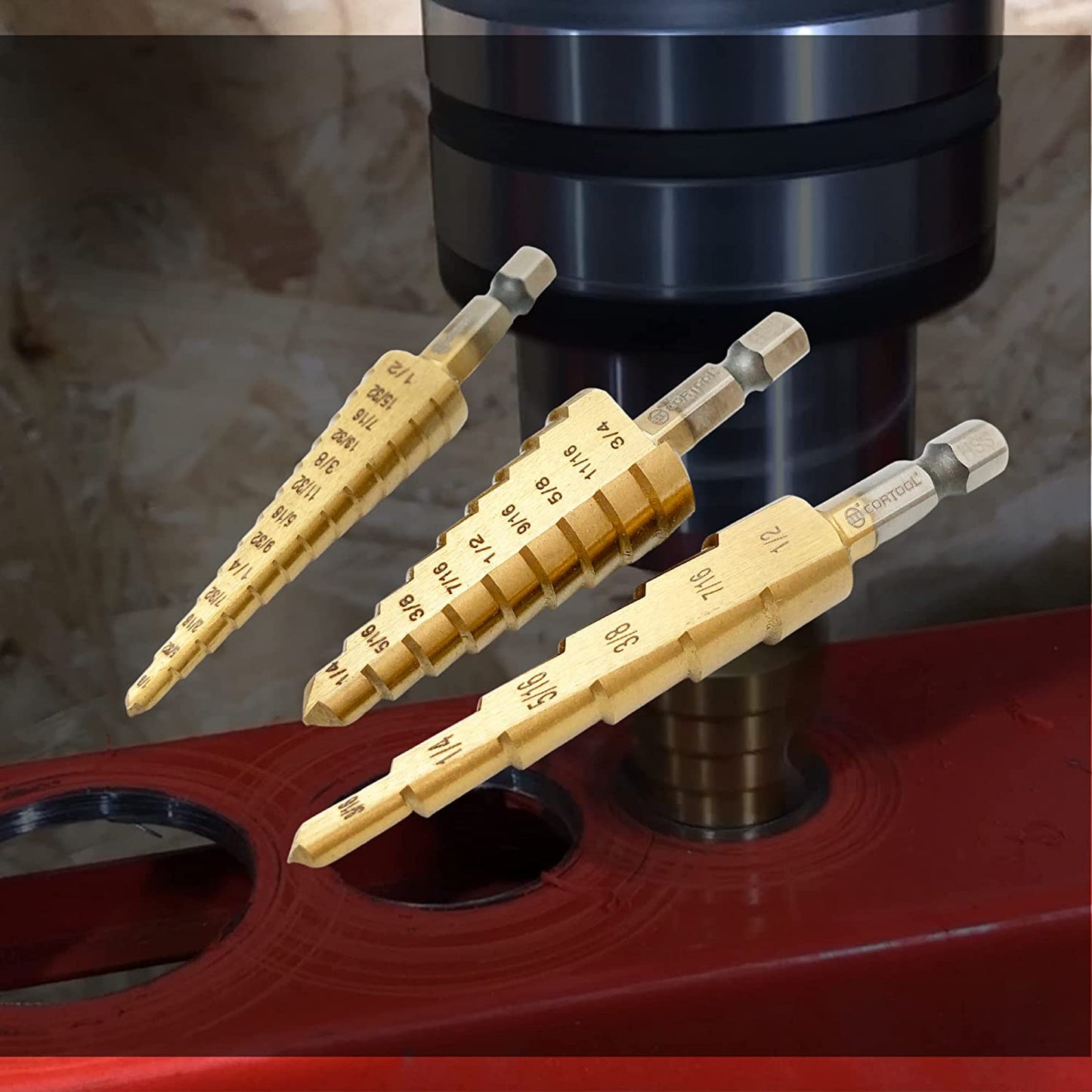 Step Drill Bit for Metal, Step Drill Bit, 3PCS Titanium Unibit Step Drill Bit Set, High Speed Steel Step Drill Bit HSS Quick Change 1/4" Shank,Total 28 Sizes 3/16" -1/2",1/4"-3/4",1/8"-1/2"