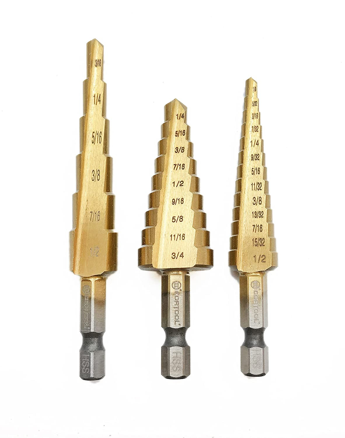 Step Drill Bit for Metal, Step Drill Bit, 3PCS Titanium Unibit Step Drill Bit Set, High Speed Steel Step Drill Bit HSS Quick Change 1/4" Shank,Total 28 Sizes 3/16" -1/2",1/4"-3/4",1/8"-1/2"