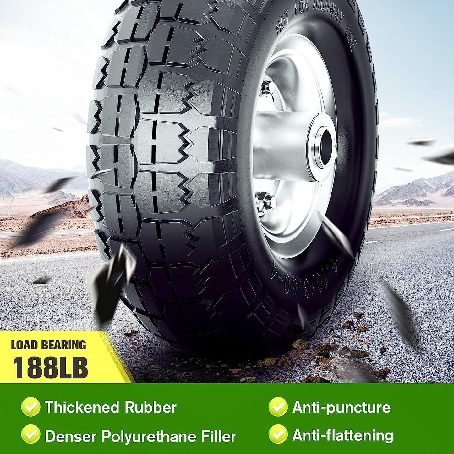 4.10/3.50-4 Tire and Wheel Flat Free, 10 Inch Solid Rubber Tire with 5/8”Axle Bore Hole and Double Sealed Bearings, for Dolly Wheels/Hand Truck Wheels/Dump Cart Wheels,4 Pack