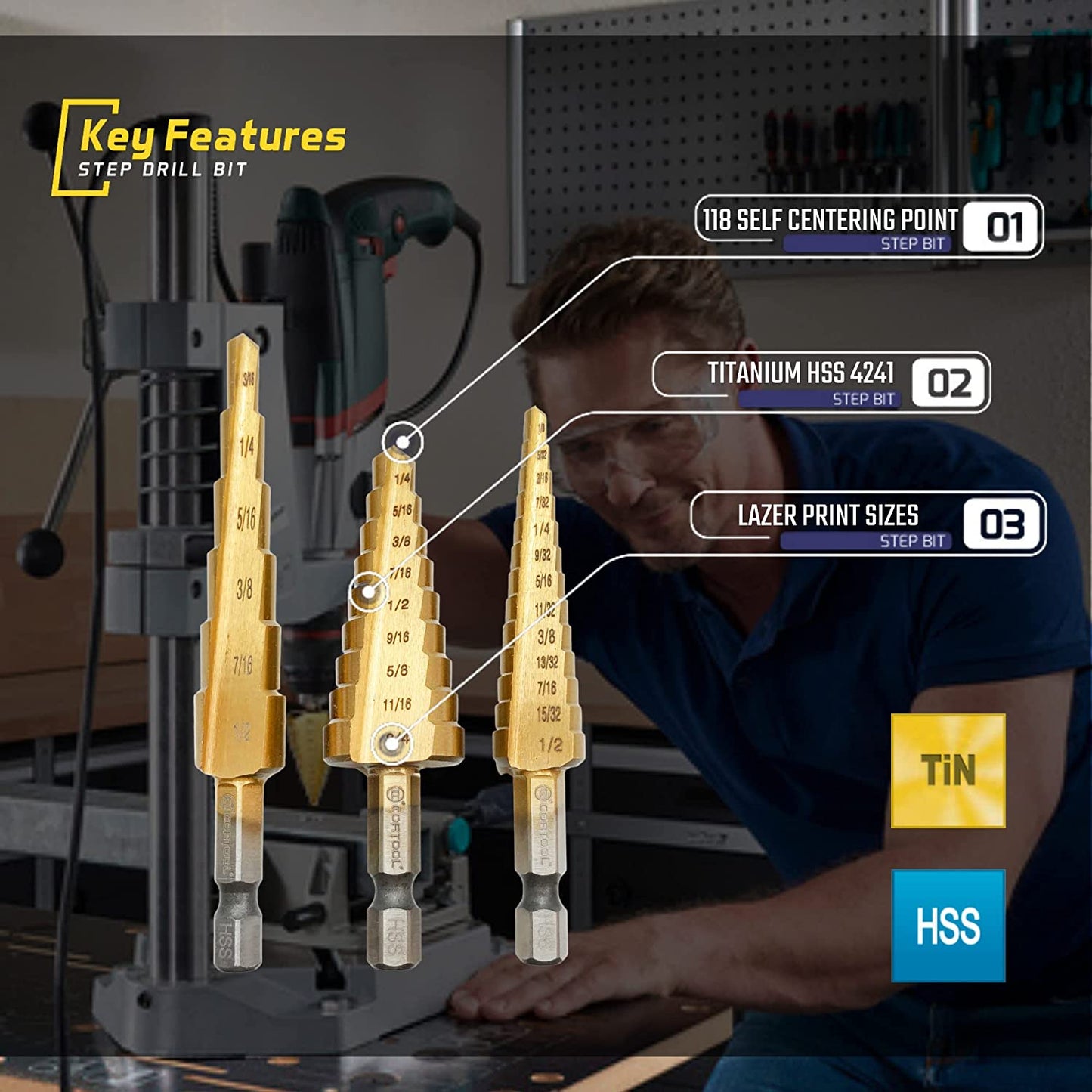 Step Drill Bit for Metal, Step Drill Bit, 3PCS Titanium Unibit Step Drill Bit Set, High Speed Steel Step Drill Bit HSS Quick Change 1/4" Shank,Total 28 Sizes 3/16" -1/2",1/4"-3/4",1/8"-1/2"