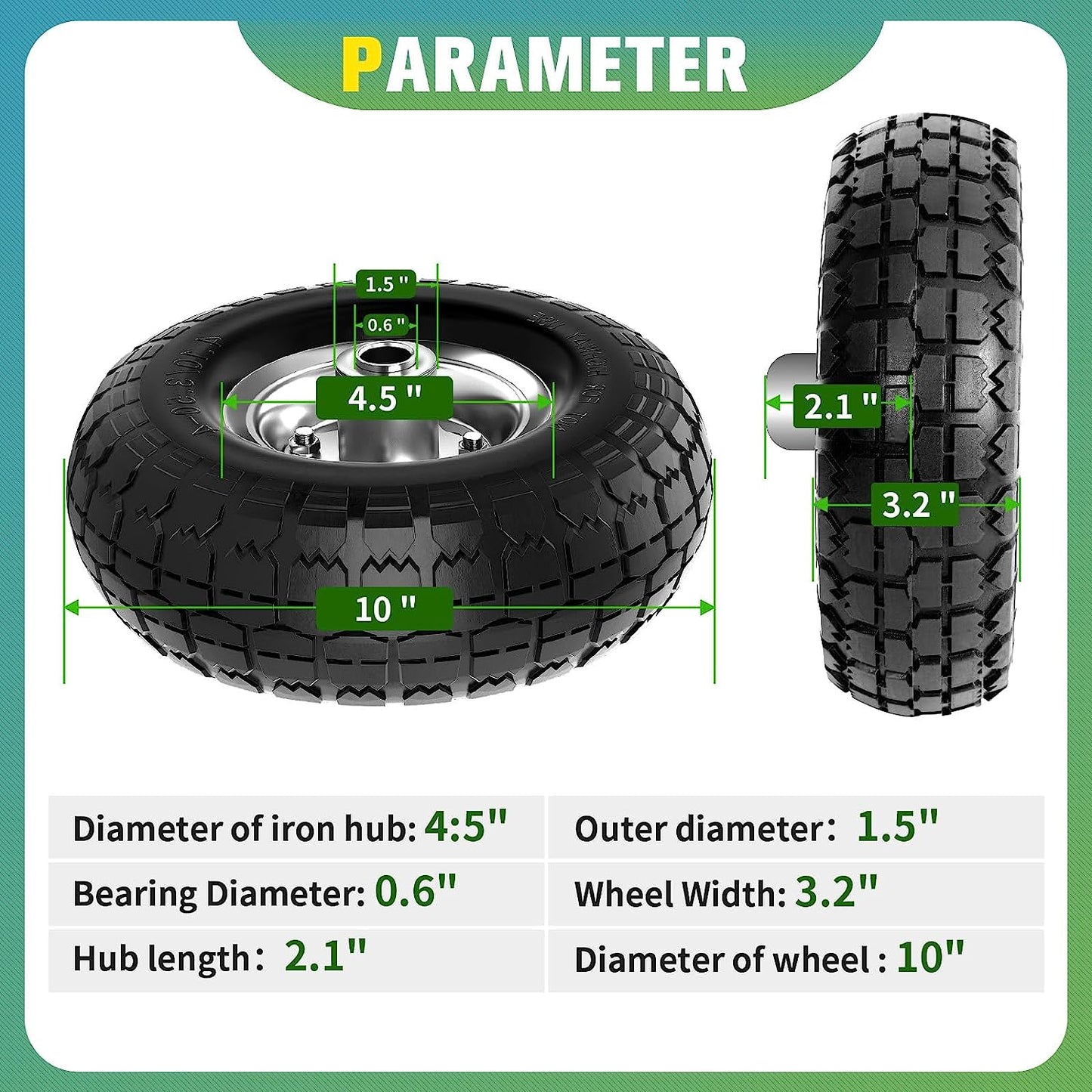 4.10/3.50-4 Tire and Wheel Flat Free, 10 Inch Solid Rubber Tire with 5/8”Axle Bore Hole and Double Sealed Bearings, for Dolly Wheels/Hand Truck Wheels/Dump Cart Wheels,4 Pack