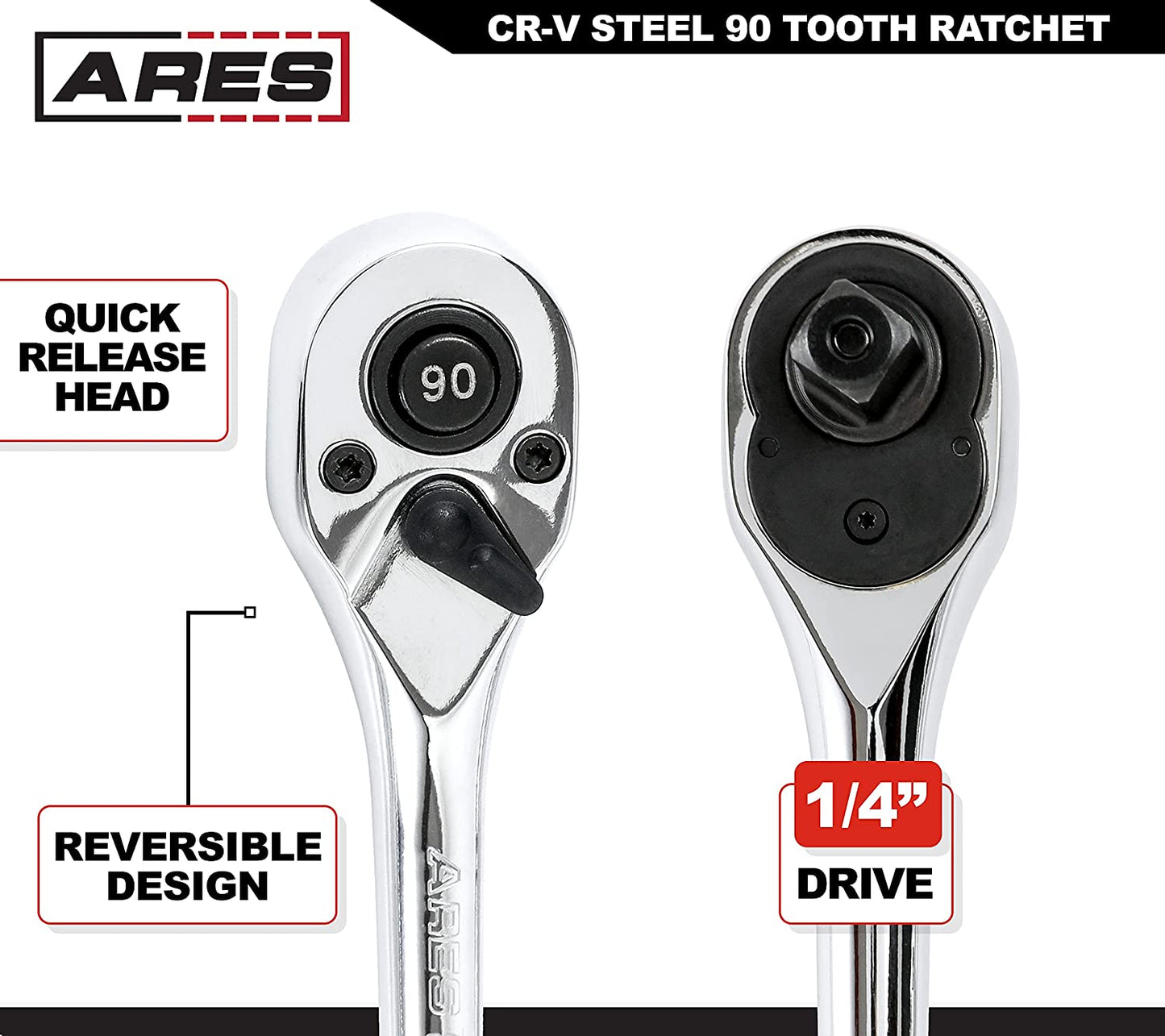 42045-1/4-Inch Drive 90-Tooth Ratchet - Premium Chrome Vanadium Steel Construction & Mirror Polish Finish - Quick Release for Easy Socket Change - 90-Tooth Reversible Design with 4 Degree Swing