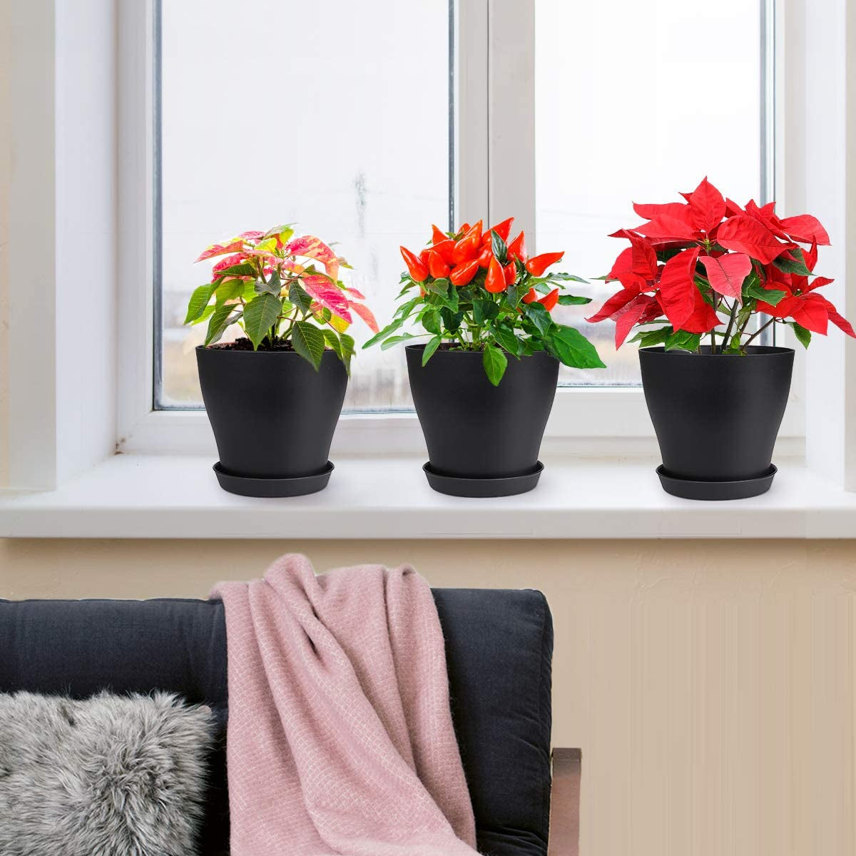 Plant Pots, Set of 15 Plastic Planters with Multiple Drainage Holes Black