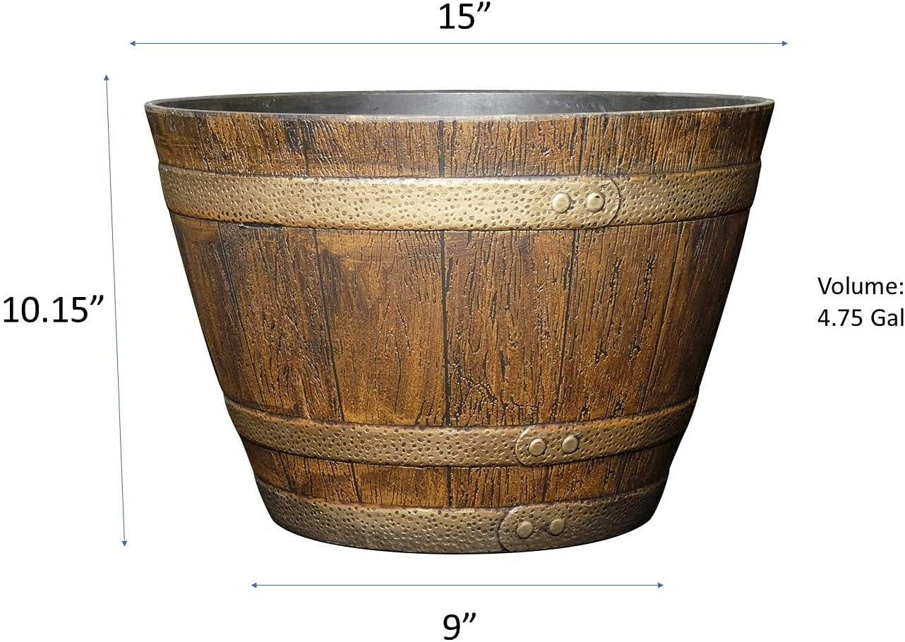 Whiskey Plastic Resin Flower Pot Barrel Planter, Oak Brown, 15"