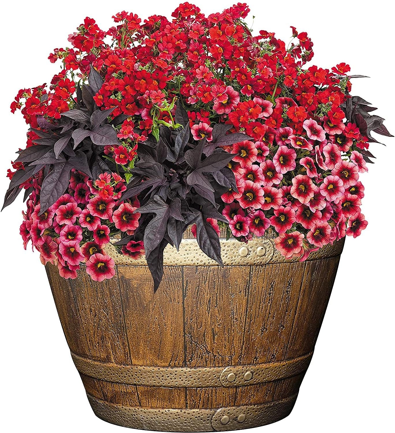 Whiskey Plastic Resin Flower Pot Barrel Planter, Oak Brown, 15"