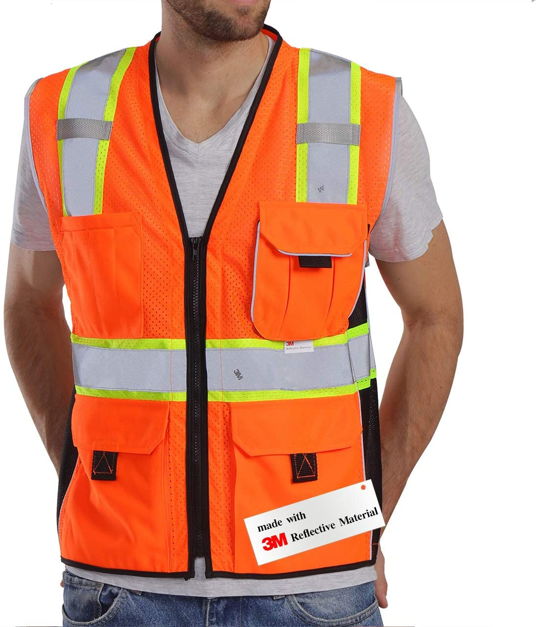 Vest Reflective Orange Mesh, High Visibility Vest with Pockets and Zipper, Heavy Duty Vest Made with 3M Reflective Tape 2XL