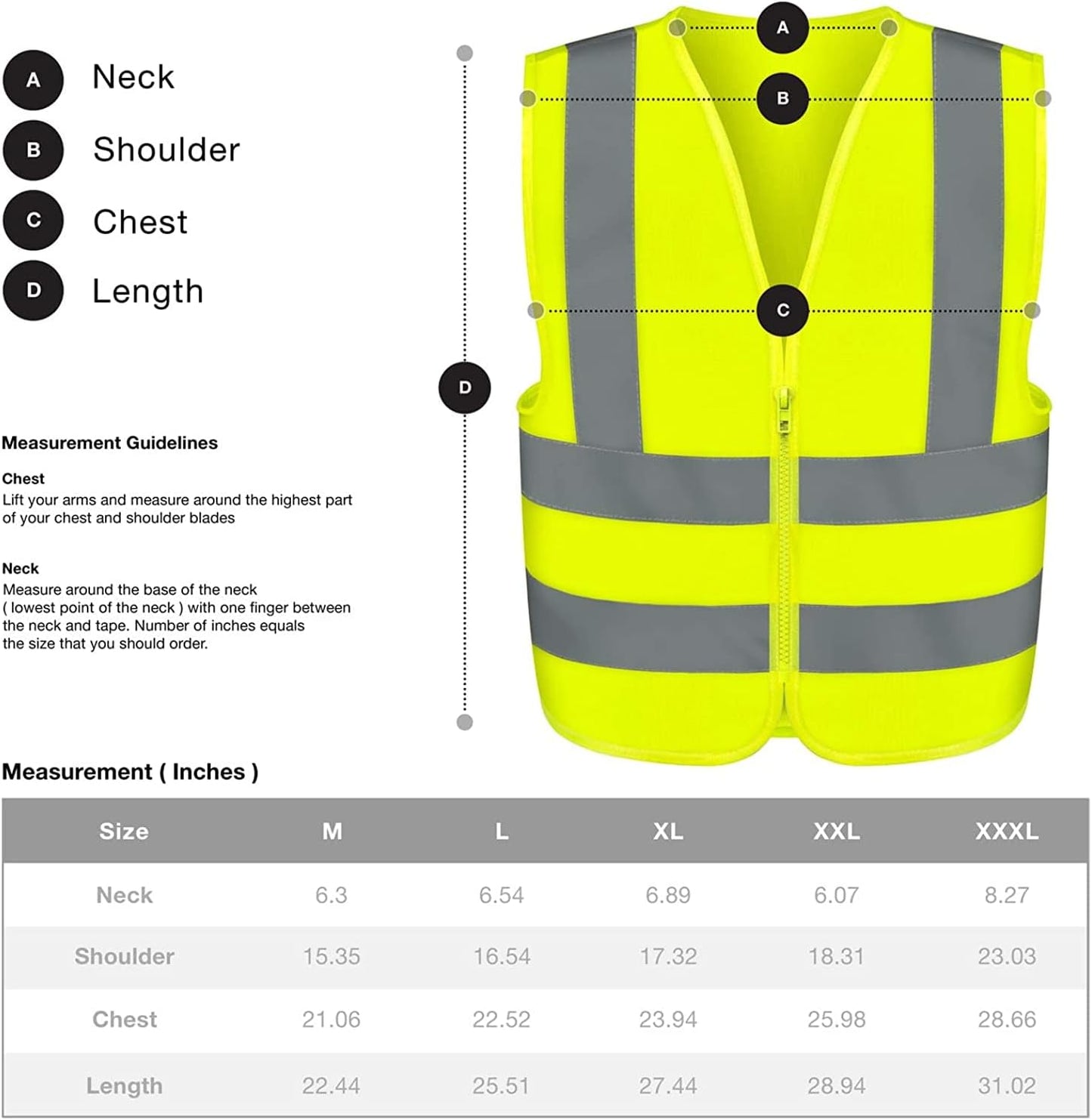 53941A High Visibility Safety Vest with Reflective Strips | Size Large | Neon Yellow Color | Zipper Front | for Emergency, Construction and Safety Use