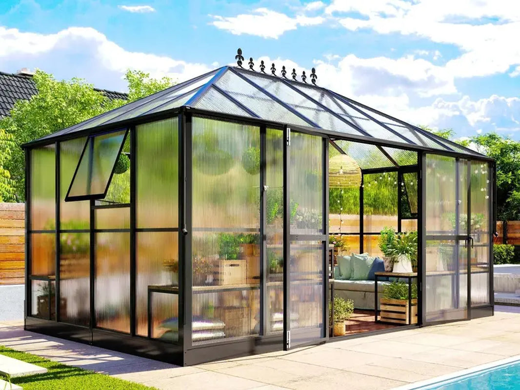 AMERLIFE 14X10X9 FT Polycarbonate Greenhouse- 6 FT Wall Height Outdoor Aluminum Greenhouses with 2 Ventilation and Rain Gutter, Double Doors with Hook, Walk-In Greenhouse for Backyard Garden