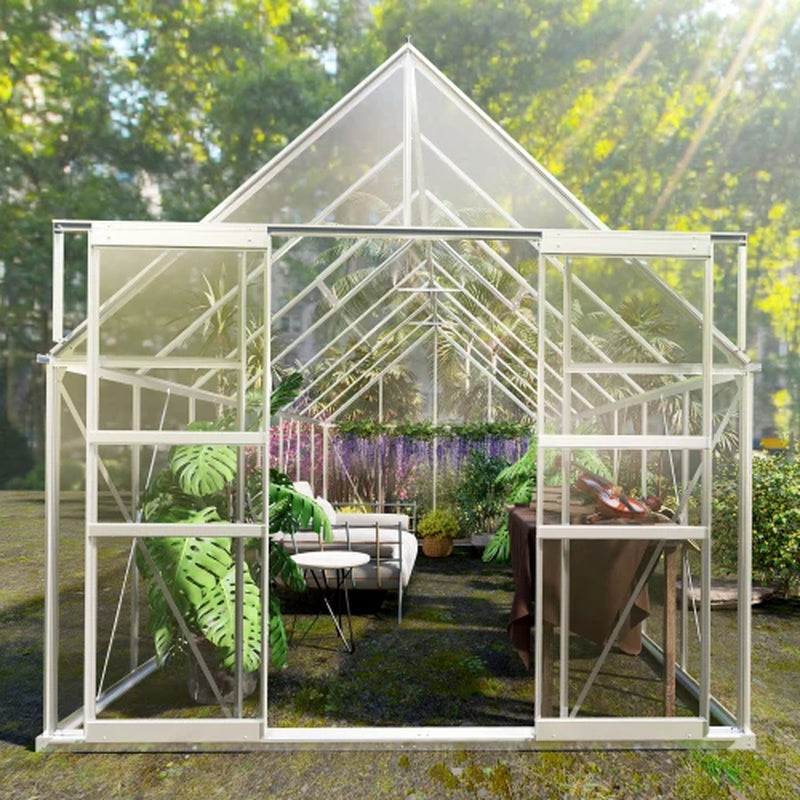 Outdoor Glass Greenhouse with Aluminum Frame, Walk-In Garden Greenhouse Kit Easy Assembly Anthracite Gray