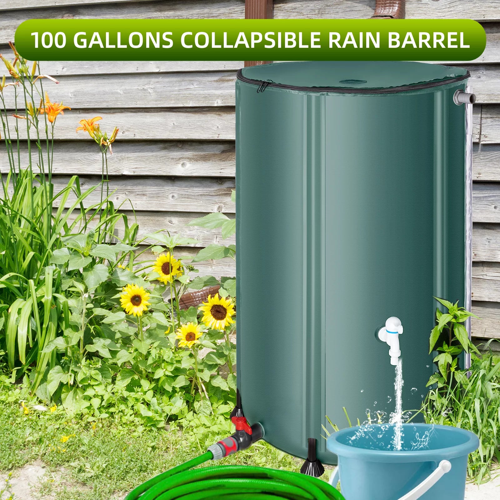 Collapsible Rain Barrel, 100 Gallon Portable Water Storage Tank, Rainwater Collection System Downspout with Tick Marks, Water Catcher Container with Filter Spigot Overflow Kit, Green