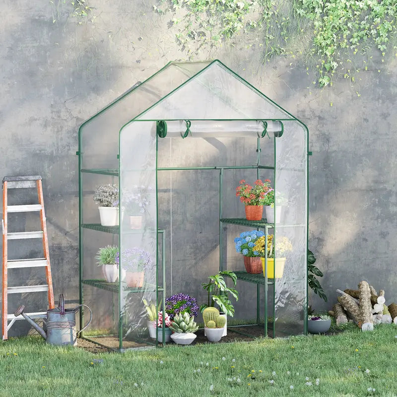 Outsunny 56" X 29" X 77" Mini Greenhouse, Walk-In Greenhouse, Garden Hot House with 4 Shelves, Roll-Up Door and Weatherized Cover, Deep Green