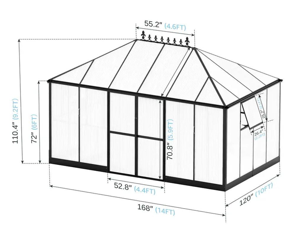 AMERLIFE 14X10X9 FT Polycarbonate Greenhouse- 6 FT Wall Height Outdoor Aluminum Greenhouses with 2 Ventilation and Rain Gutter, Double Doors with Hook, Walk-In Greenhouse for Backyard Garden