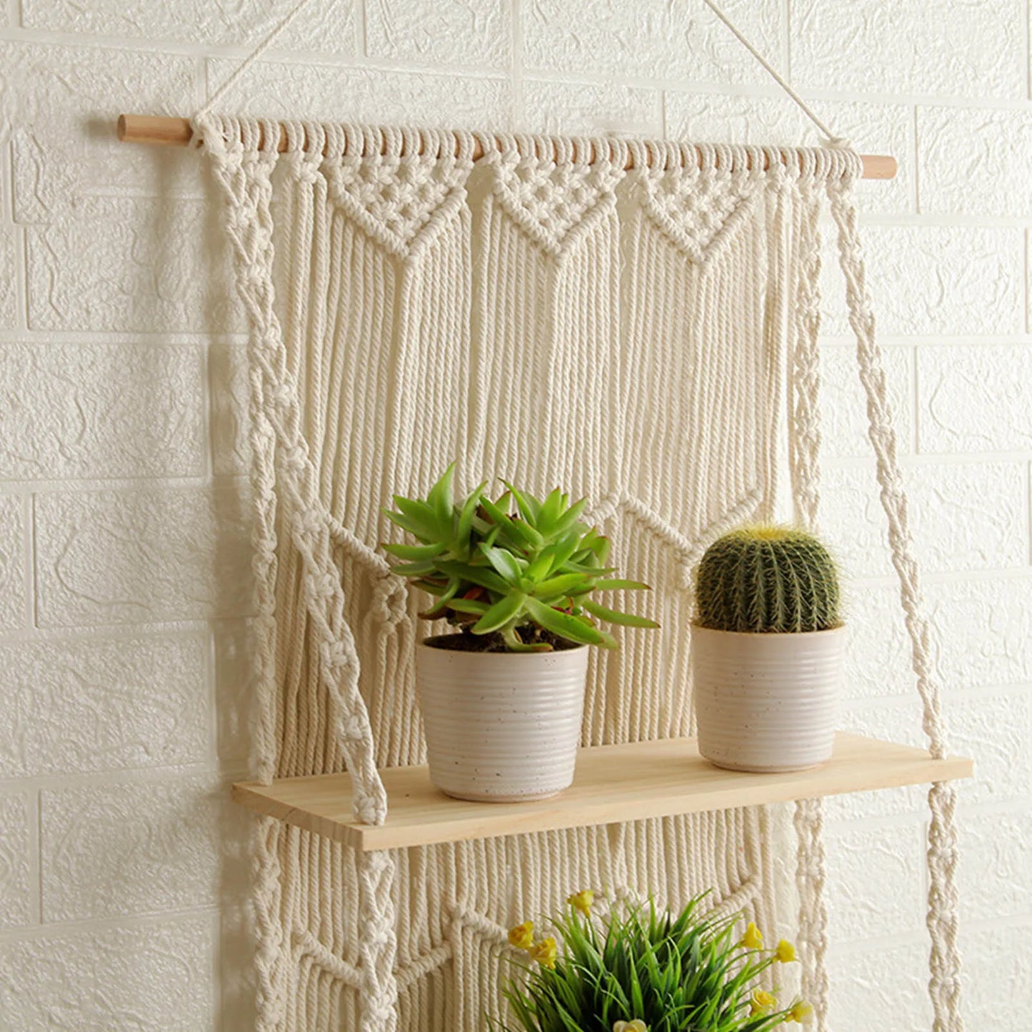 1 PC 44X85Cm Hand-Woven Macrame Tapestry Rack Wooden 2 Shelves Wall Hanging for Bohemian Decoration Boho Decor Ornament