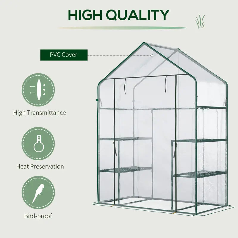 Outsunny 56" X 29" X 77" Mini Greenhouse, Walk-In Greenhouse, Garden Hot House with 4 Shelves, Roll-Up Door and Weatherized Cover, Deep Green