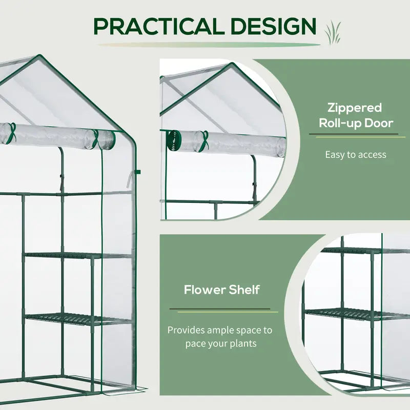 Outsunny 56" X 29" X 77" Mini Greenhouse, Walk-In Greenhouse, Garden Hot House with 4 Shelves, Roll-Up Door and Weatherized Cover, Deep Green