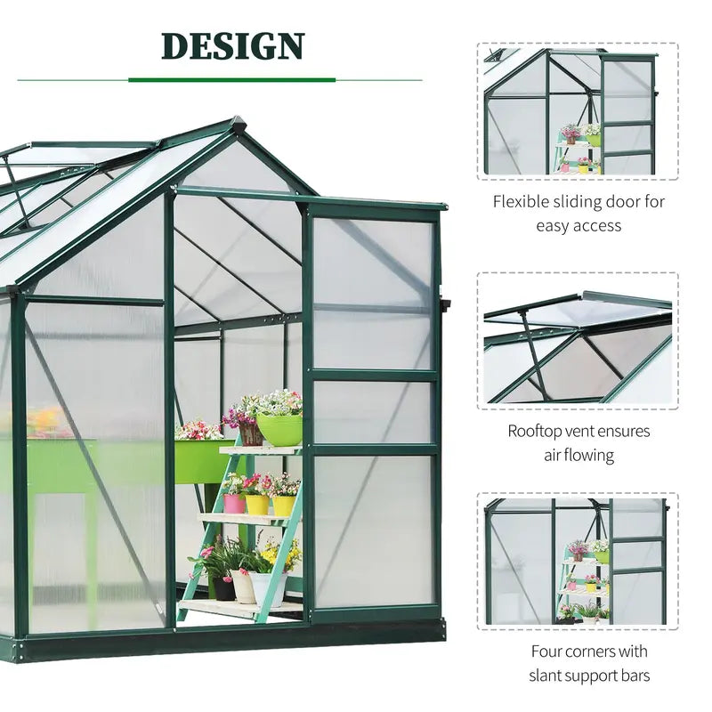 Outsunny 6' X 8' X 7' Polycarbonate Greenhouse Walk-In Plant Greenhouse for Backyard/Outdoor Use with Window and Door, Aluminum Frame, PC Board