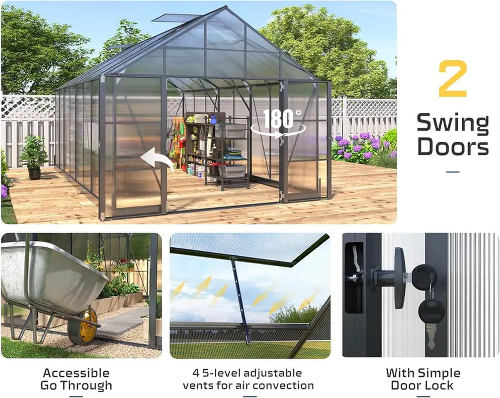 AMERLIFE 10X16X10 FT Polycarbonate Greenhouse Double Swing Doors 4 Vents 6.3FT Added Wall Height