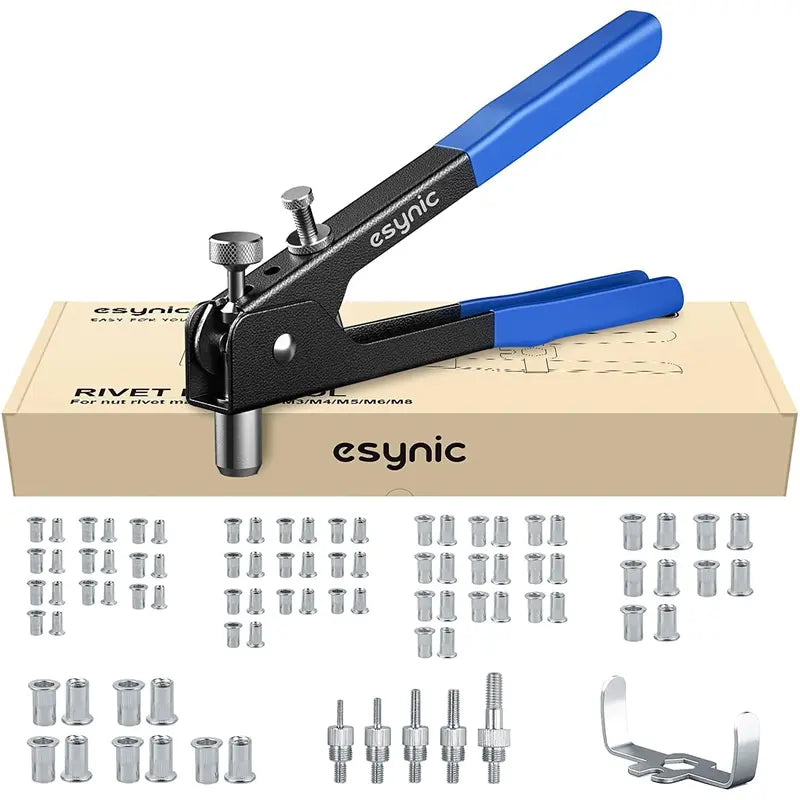 Esynic 86Pcs Heavy Duty Hand Riveter Kit - Rivet Gun with Threaded Rivet Nut Tool - Nut Rivet Tool Kit - Rivet Nutsert Tool Kit - Hand Riveter Rivet Nut Gun with Interchangeable Mandrel (M3, M4, M5, M6, M8)