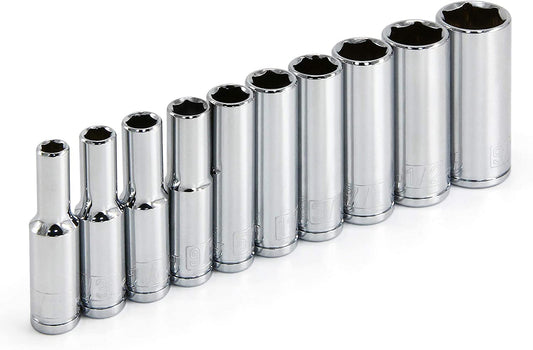 10 Piece 1/4 Inch Drive SAE 6 Point Deep Socket Set, Z-Drive Grips, Chrome Vanadium Steel, Meets ANSI Standards - 640499