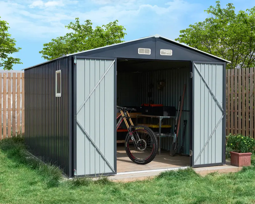 Amerlife 10X12X7.5 FT Outdoor Storage Shed, Galvanized Steel Metal Garden Sheds with 2 Light Transmitting Window and Double Lockable Door, Oversized Tool Sheds for Backyard Patio Dark Grey/White