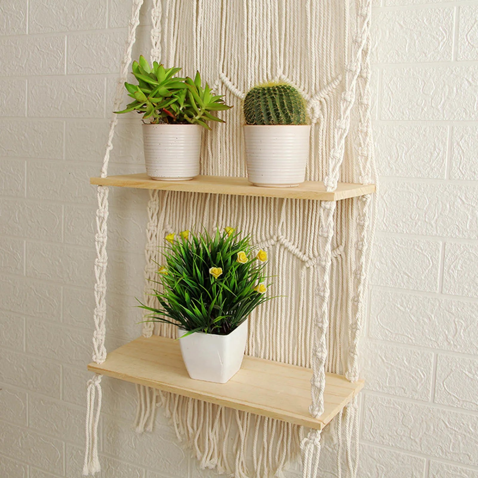 1 PC 44X85Cm Hand-Woven Macrame Tapestry Rack Wooden 2 Shelves Wall Hanging for Bohemian Decoration Boho Decor Ornament