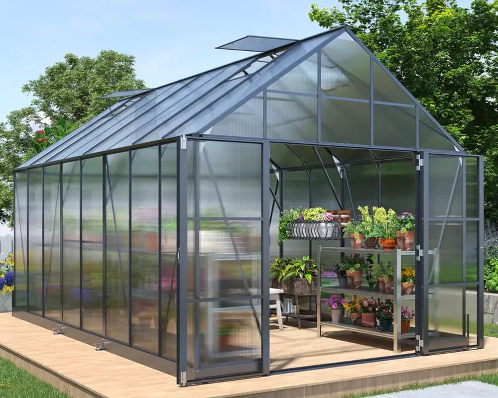 AMERLIFE 10X16X10 FT Polycarbonate Greenhouse Double Swing Doors 4 Vents 6.3FT Added Wall Height