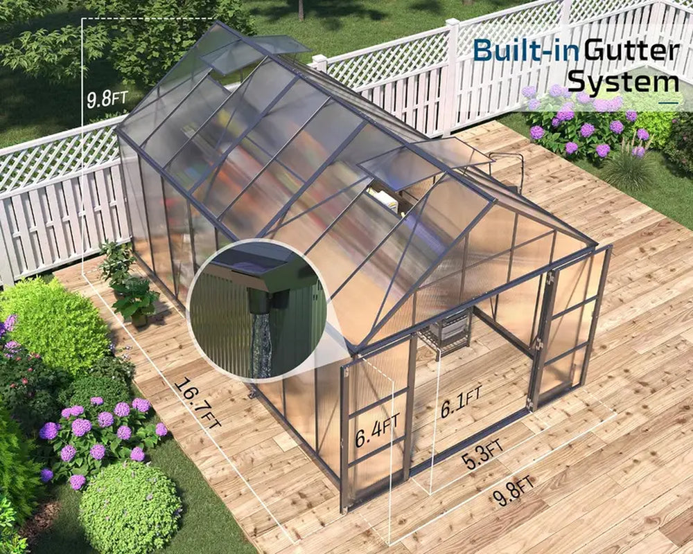 AMERLIFE 10X16X10 FT Polycarbonate Greenhouse Double Swing Doors 4 Vents 6.3FT Added Wall Height