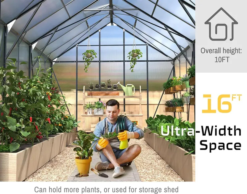 AMERLIFE 10X16X10 FT Polycarbonate Greenhouse Double Swing Doors 4 Vents 6.3FT Added Wall Height