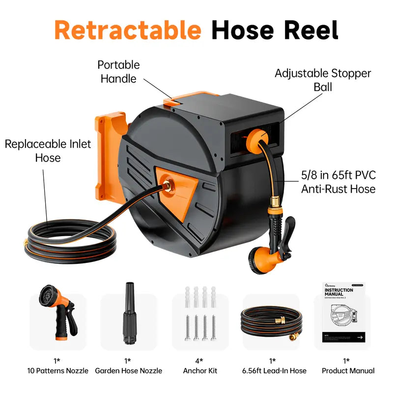 Gardenjoy Retractable Garden Hose Reel-5/8In-65Ft-Orange