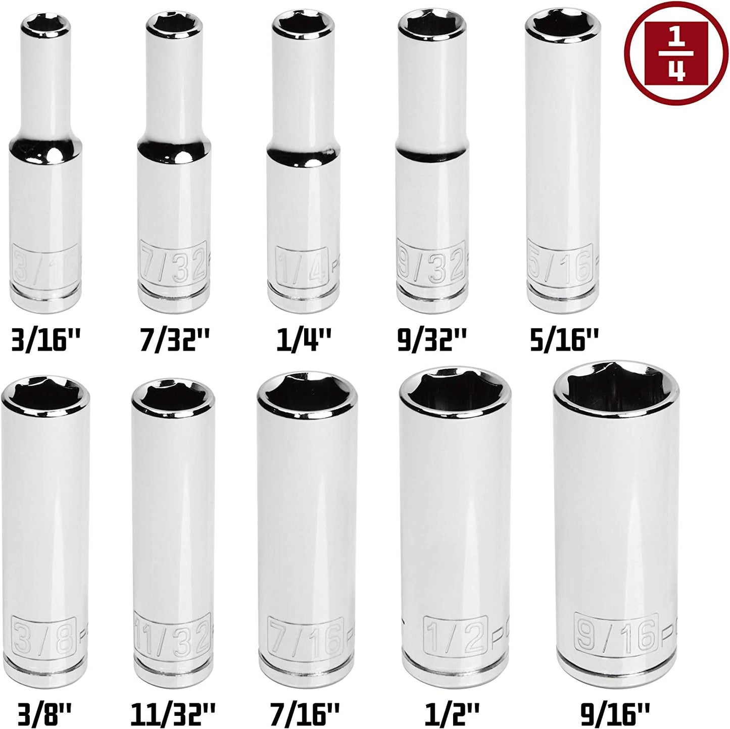 10 Piece 1/4 Inch Drive SAE 6 Point Deep Socket Set, Z-Drive Grips, Chrome Vanadium Steel, Meets ANSI Standards - 640499