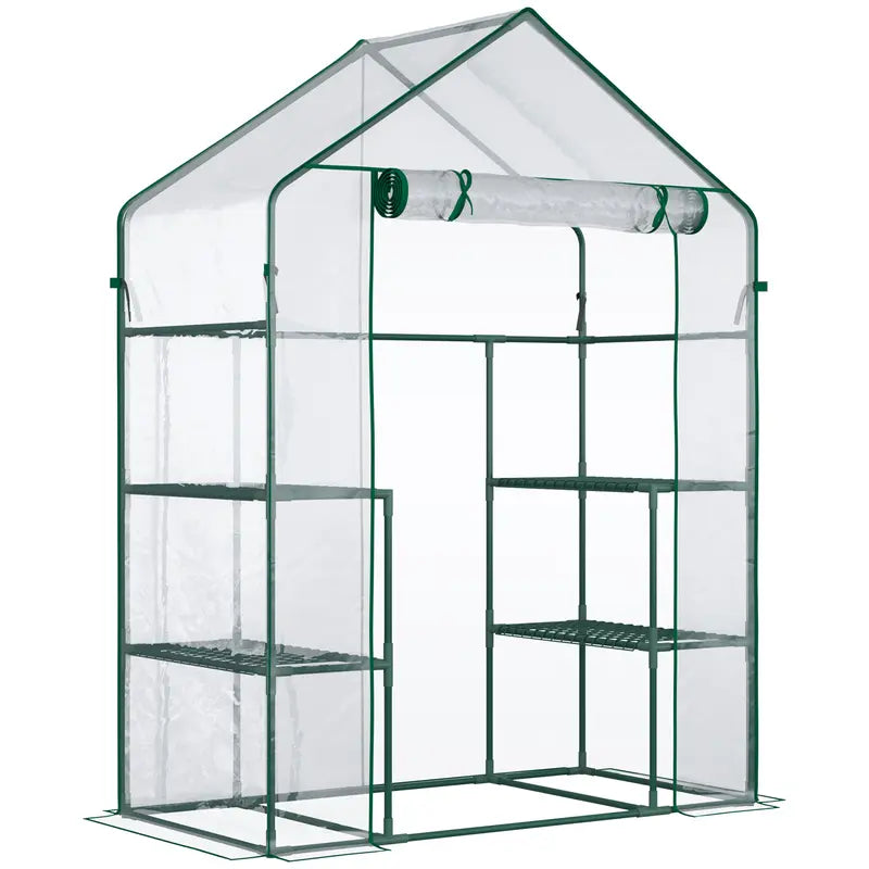 Outsunny 56" X 29" X 77" Mini Greenhouse, Walk-In Greenhouse, Garden Hot House with 4 Shelves, Roll-Up Door and Weatherized Cover, Deep Green