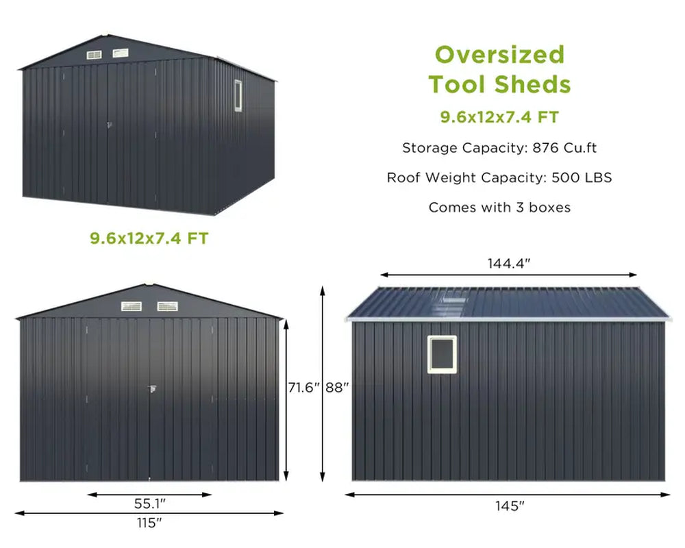 Amerlife 10X12X7.5 FT Outdoor Storage Shed, Galvanized Steel Metal Garden Sheds with 2 Light Transmitting Window and Double Lockable Door, Oversized Tool Sheds for Backyard Patio Dark Grey/White