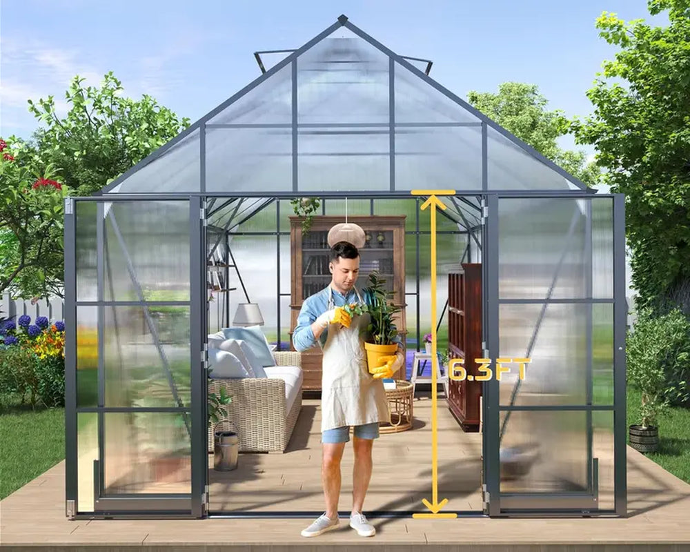 AMERLIFE 10X16X10 FT Polycarbonate Greenhouse Double Swing Doors 4 Vents 6.3FT Added Wall Height