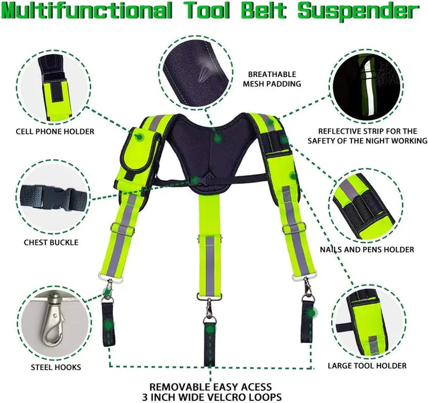 Carpenter Tool Belt Suspenders, Heavy Duty Tool Belt Suspenders Reflective Safety Suspenders