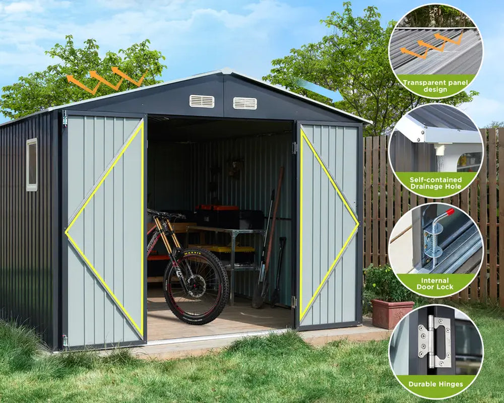 Amerlife 10X12X7.5 FT Outdoor Storage Shed, Galvanized Steel Metal Garden Sheds with 2 Light Transmitting Window and Double Lockable Door, Oversized Tool Sheds for Backyard Patio Dark Grey/White